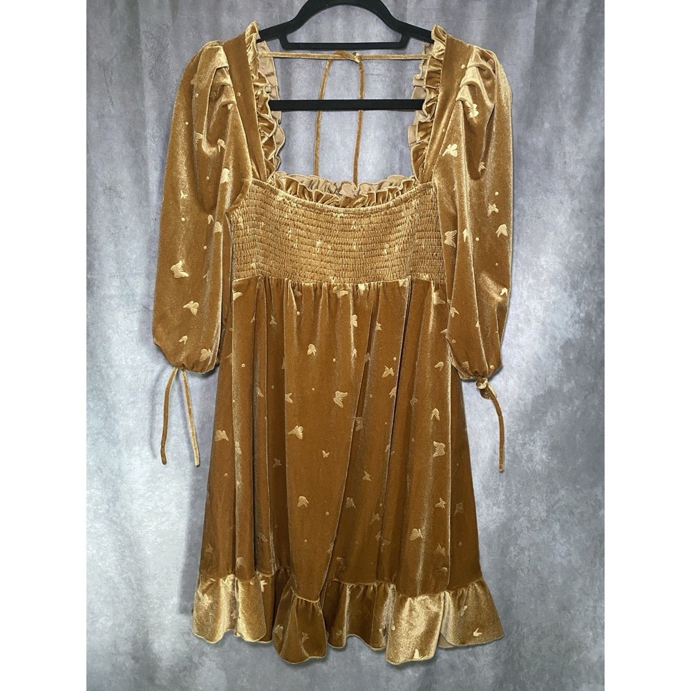 Lait Collection Velvet Mini Dress Sz S Brown Butterfly Ruffle Hem Retro Y2K